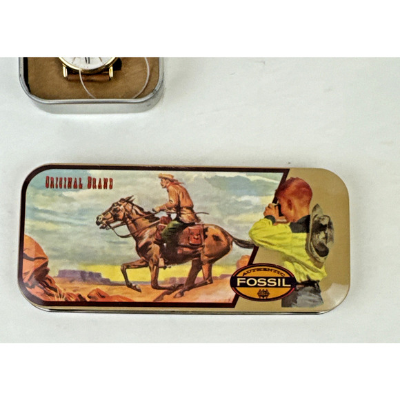 Vintage Fossil Leather Band Watch PARTS Only includes Horse rider tin Repairs - Picture 2 of 14